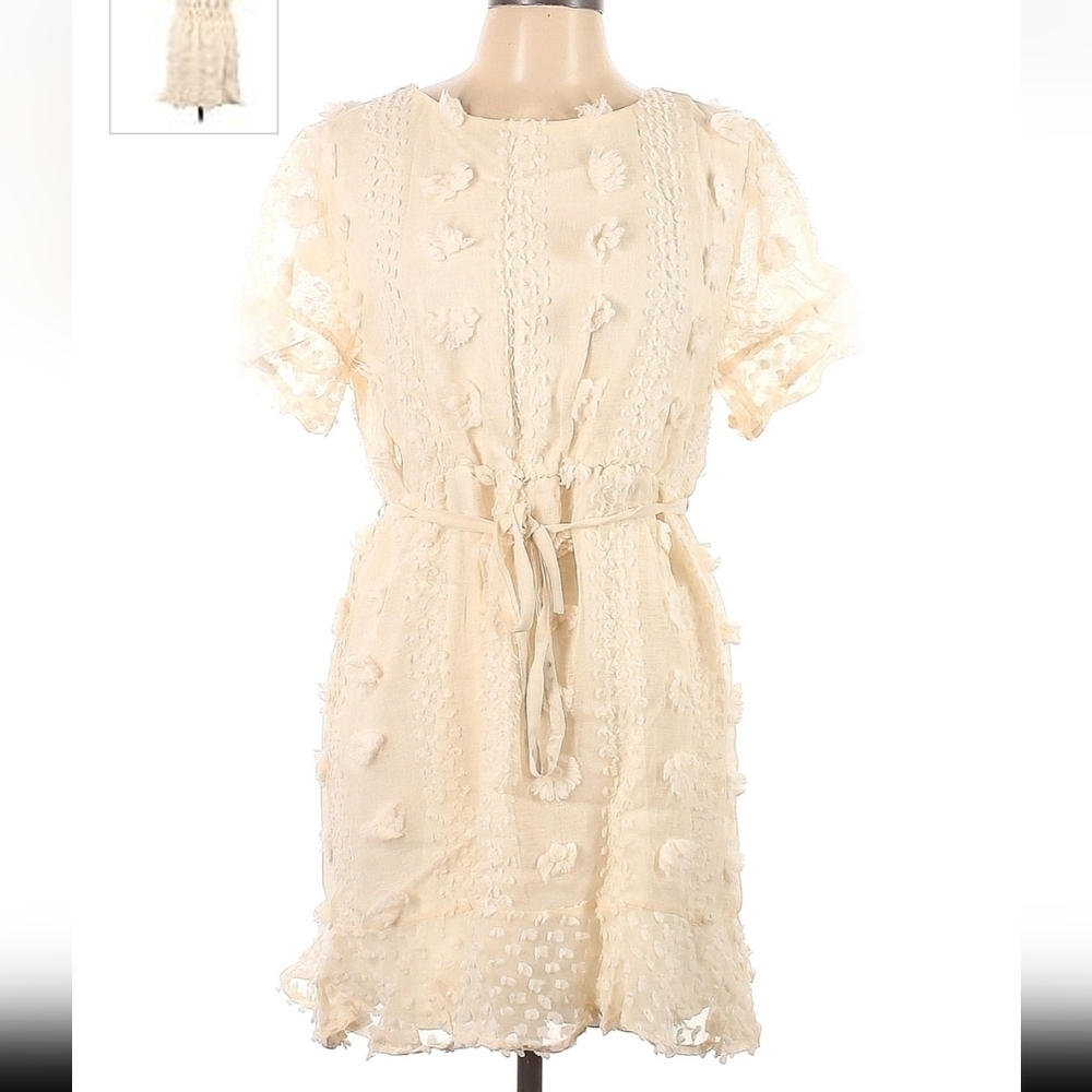 &merci Womens sz L Dress Cream/ Iv Sheer w/ Poms Short Sleeve Knee Length Belted